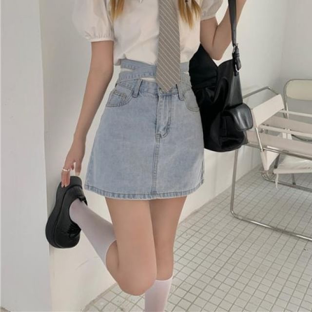 High Rise Washed Tie Back Mini A-Line Denim Skirt