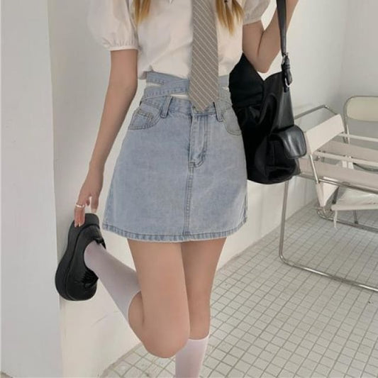 High Rise Washed Tie Back Mini A-Line Denim Skirt