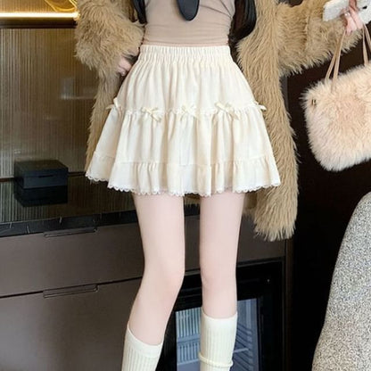 Elastic Waist Plain Bow Ruffle Mini A-Line Skirt