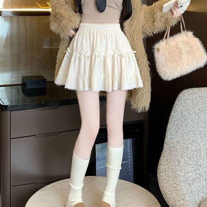 Elastic Waist Plain Bow Ruffle Mini A-Line Skirt
