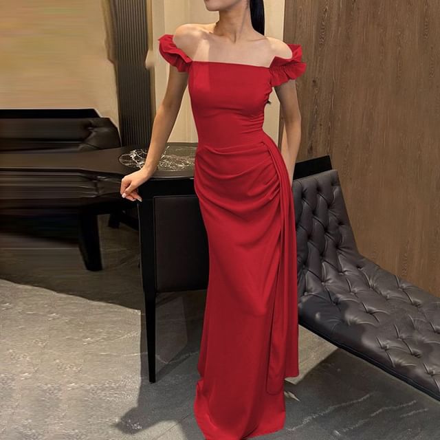 Off-Shoulder Plain Ruffle Trim Ruched Satin Sheath Evening Gown
