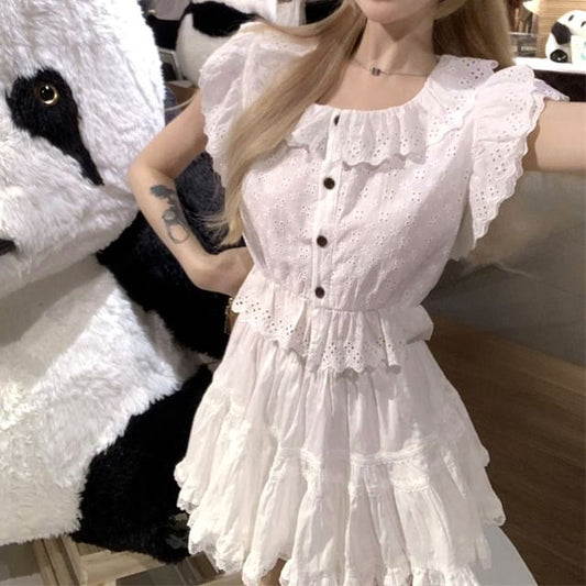 Cap-Sleeve Flower Embroidered Lace Trim Blouse / High Waist Plain Mini A-Line Skirt