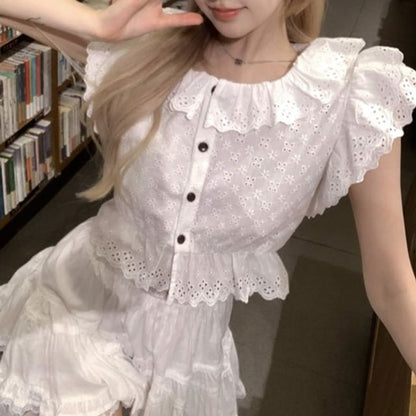 Cap-Sleeve Flower Embroidered Lace Trim Blouse / High Waist Plain Mini A-Line Skirt