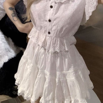 Cap-Sleeve Flower Embroidered Lace Trim Blouse / High Waist Plain Mini A-Line Skirt