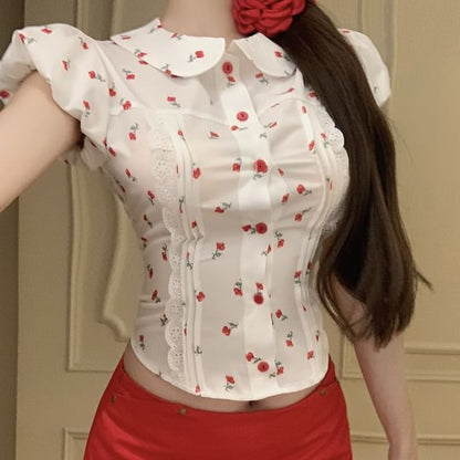 Puff-Sleeve Floral Shirt / Mid Rise Plain Mini Pencil Skirt