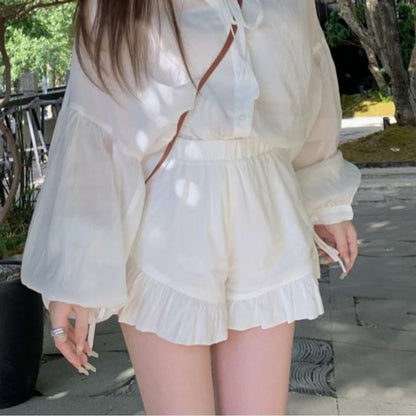 Puff-Sleeve Plain Lace-Up Shirt / High Waist Ruffle Shorts
