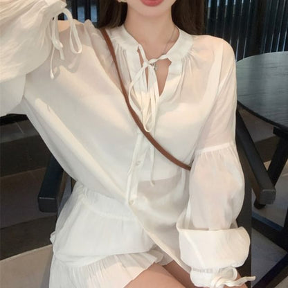 Puff-Sleeve Plain Lace-Up Shirt / High Waist Ruffle Shorts