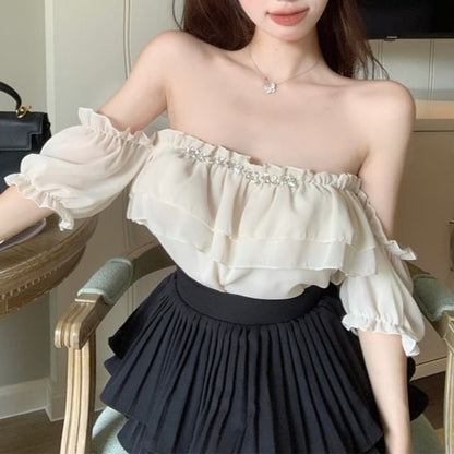Puff-Sleeve Off-Shoulder Plain Ruffle Rhinestone Blouse