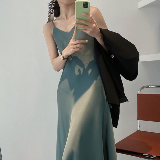 V-Neck Printed Maxi A-Line Dress with Spaghetti Straps
