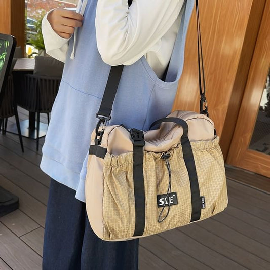 Plaid Panel Drawstring Buckled Crossbody Bag