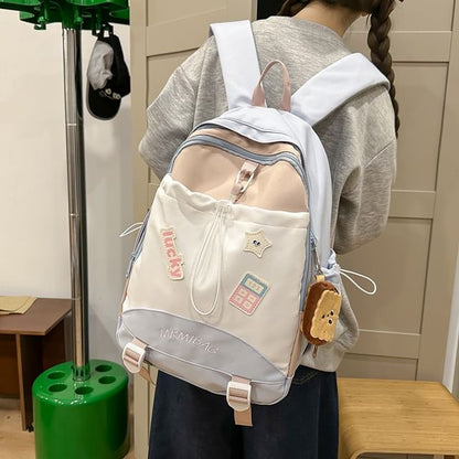 Color Block Letter Embroidered Drawstring Backpack