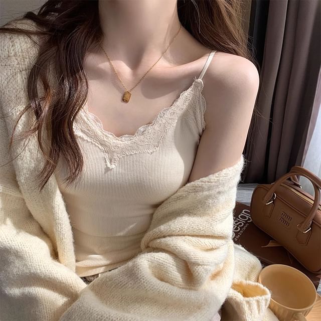 Plain Lace Trim Ribbed Padded Camisole Top
