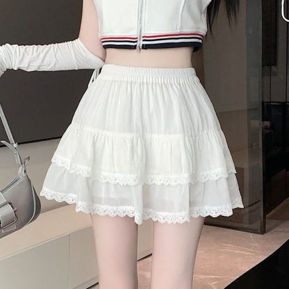 Trim Plain Waist Tiered Mini A-Line Elastic Balletcore Lace Skirt