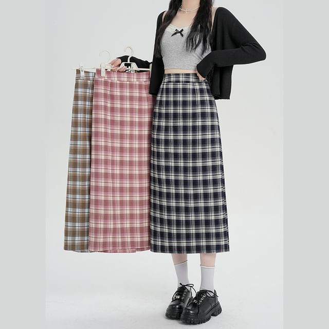 Skirt H-Line Slit Plaid Midi Waist High