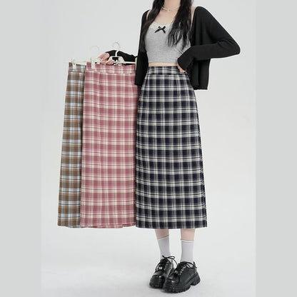 Skirt H-Line Slit Plaid Midi Waist High