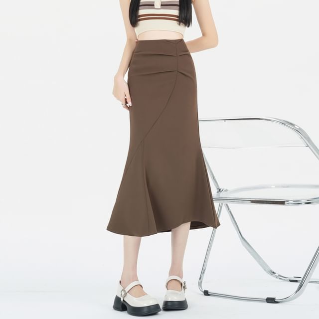 High Waist Plain Ruched Midi Fishtail Skirt