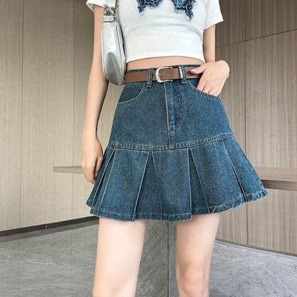 High Rise Pleated Denim Mini A-Line Skirt
