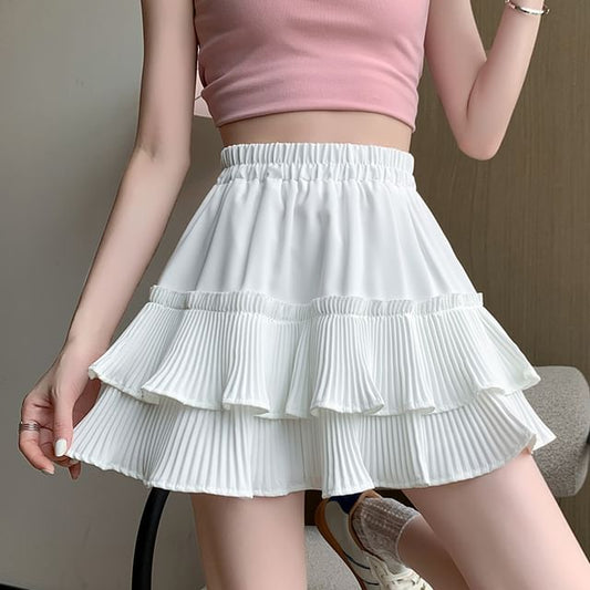 Plain Waist Mini Pleated Elastic A-Line Tiered Skirt Accordion