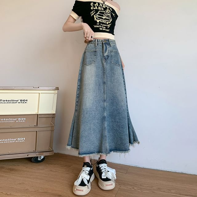 High Waist Fringed Denim Midi A-Line Skirt
