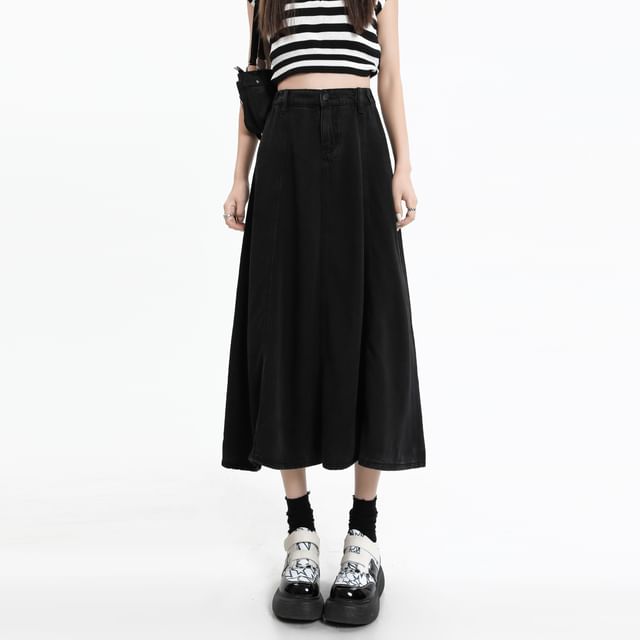 Skirt A-Line High Midi Plain Denim Rise