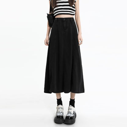 Skirt A-Line High Midi Plain Denim Rise
