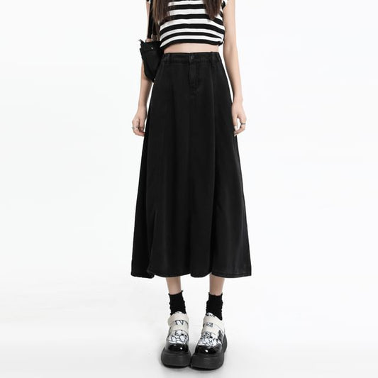 Skirt A-Line High Midi Plain Denim Rise