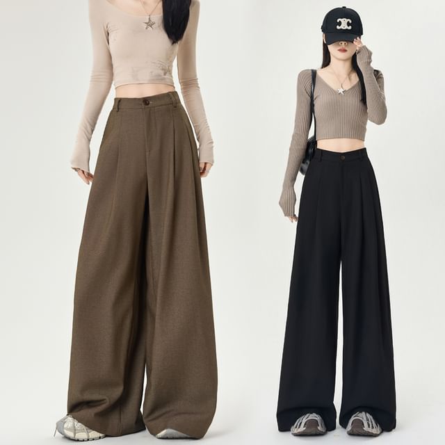 Plain Wide Pants High Dress Rise Leg