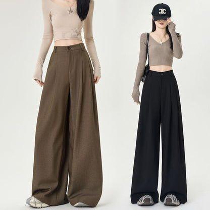 Plain Wide Pants High Dress Rise Leg