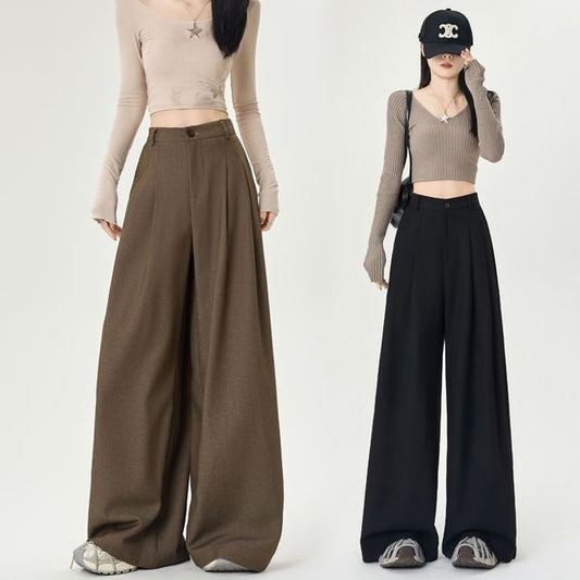 Plain Wide Pants High Dress Rise Leg