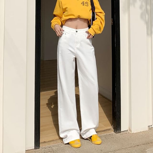 Leg Suit Rise High Pants Washed Wide Plain Designs) (Various