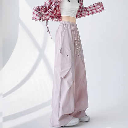 Leg Wide Pants Drawstring Plain Waist Cargo