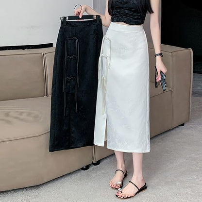 Slit Skirt Waist A-Line Jacquard Midi Floral Button Frog High