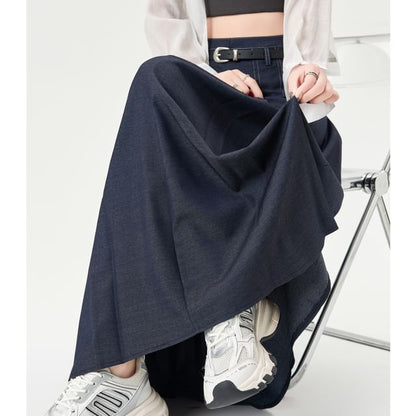 Waist Midi Skirt Denim Pleated A-Line High