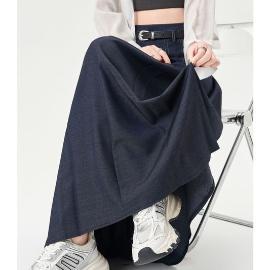 Waist Midi Skirt Denim Pleated A-Line High