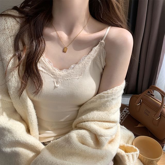 Plain Lace Trim Ribbed Padded Camisole Top