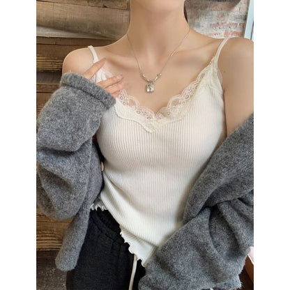 Plain Lace Trim Ribbed Padded Camisole Top