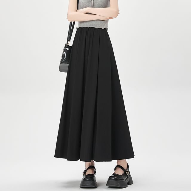 High Waist A-Line Plain Midi Pleated Skirt