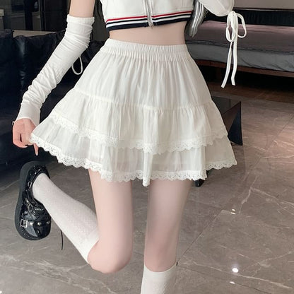 Trim Plain Waist Tiered Mini A-Line Elastic Balletcore Lace Skirt