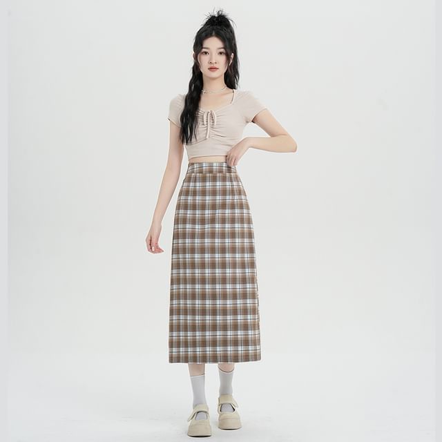 Skirt H-Line Slit Plaid Midi Waist High