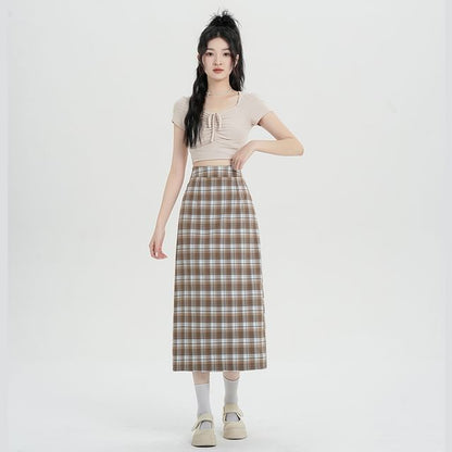 Skirt H-Line Slit Plaid Midi Waist High