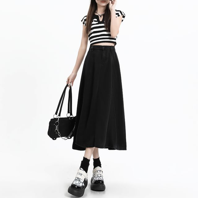 Skirt A-Line High Midi Plain Denim Rise