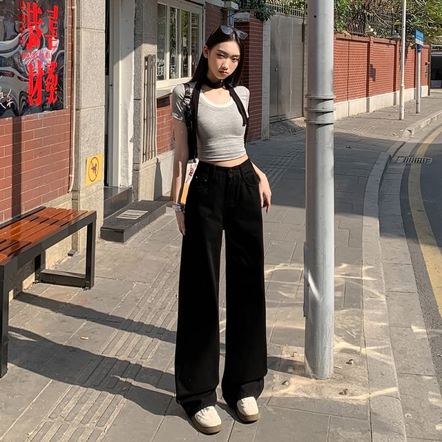 Leg Suit Rise High Pants Washed Wide Plain Designs) (Various