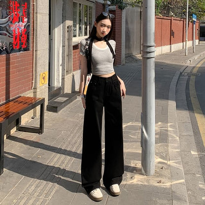 Leg Suit Rise High Pants Washed Wide Plain Designs) (Various