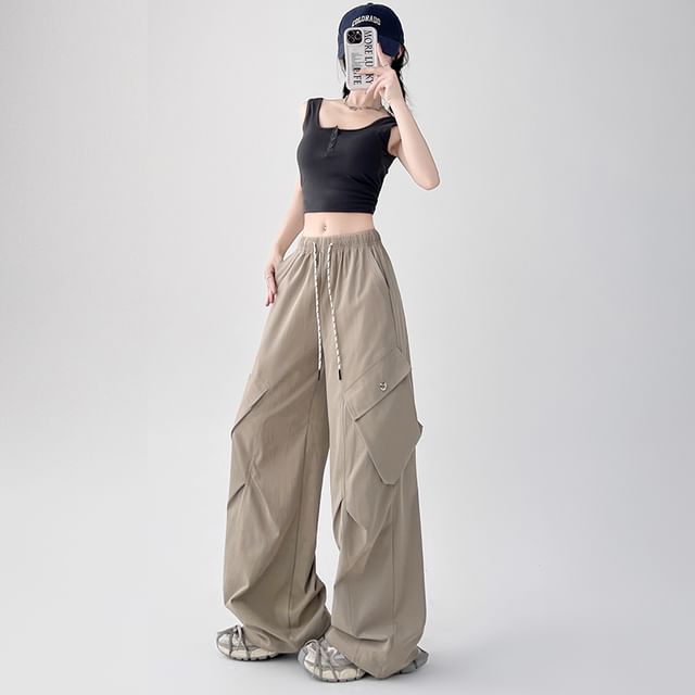 Leg Wide Pants Drawstring Plain Waist Cargo