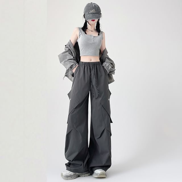 Leg Wide Pants Drawstring Plain Waist Cargo