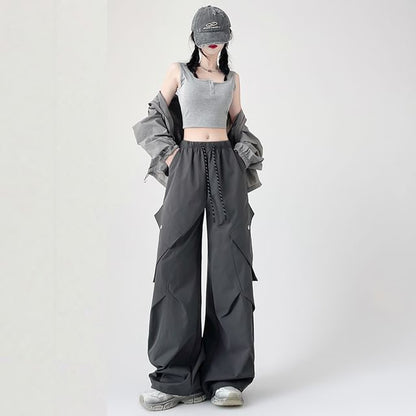 Leg Wide Pants Drawstring Plain Waist Cargo
