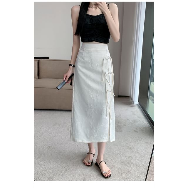 Slit Skirt Waist A-Line Jacquard Midi Floral Button Frog High