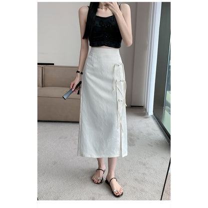 Slit Skirt Waist A-Line Jacquard Midi Floral Button Frog High