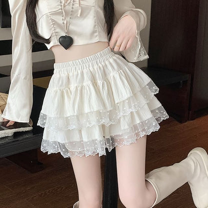 Elastic Waist Plain  Tiered Lace Trim Mini A-Line Skirt