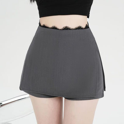 High Waist Slit Lace Trim Skort